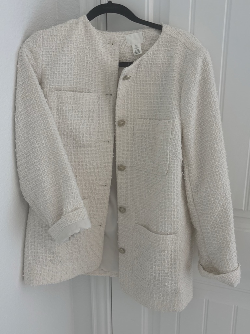 H&M Cream Textured Tweed Collarless Jacket